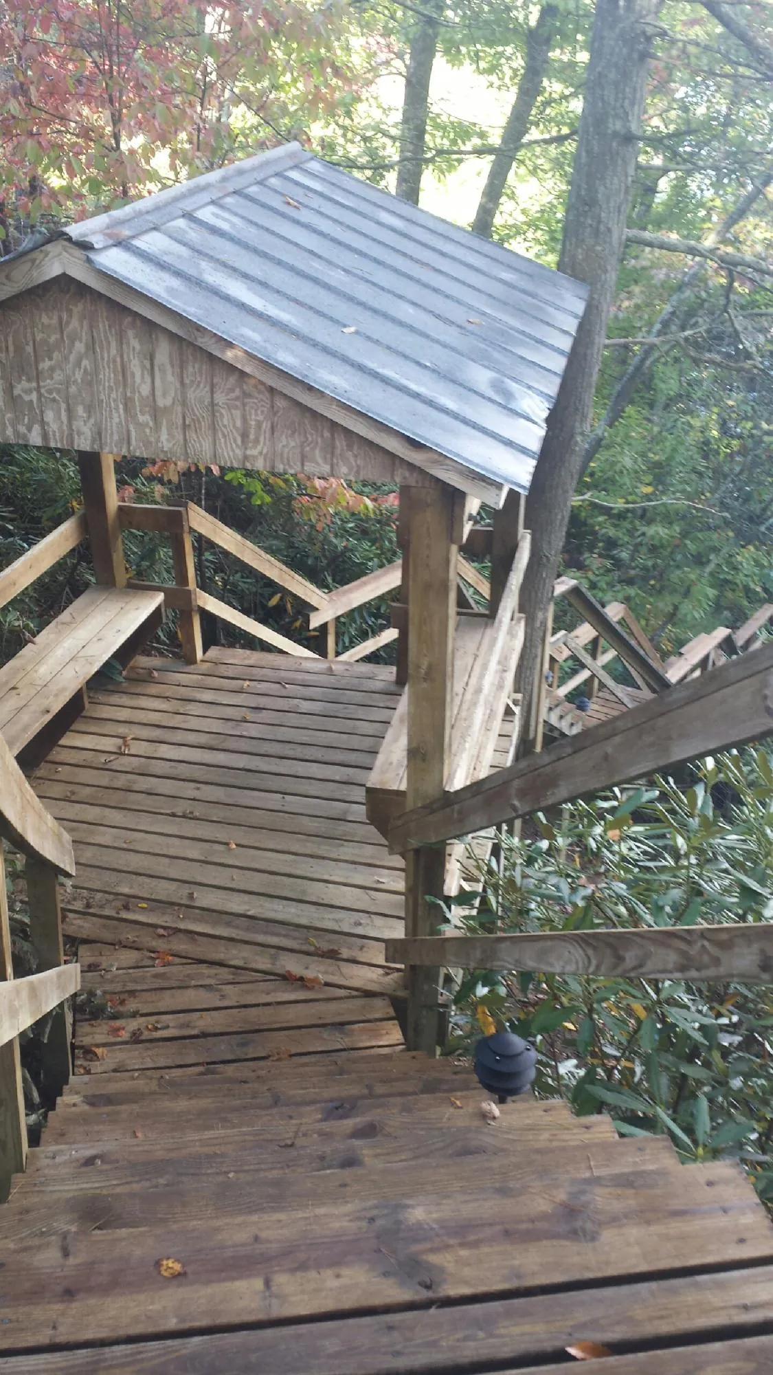 Metal roofed shelter over wooden steps on a wooded walkway — Skylight Repair & Installation work by our crew in Mabank